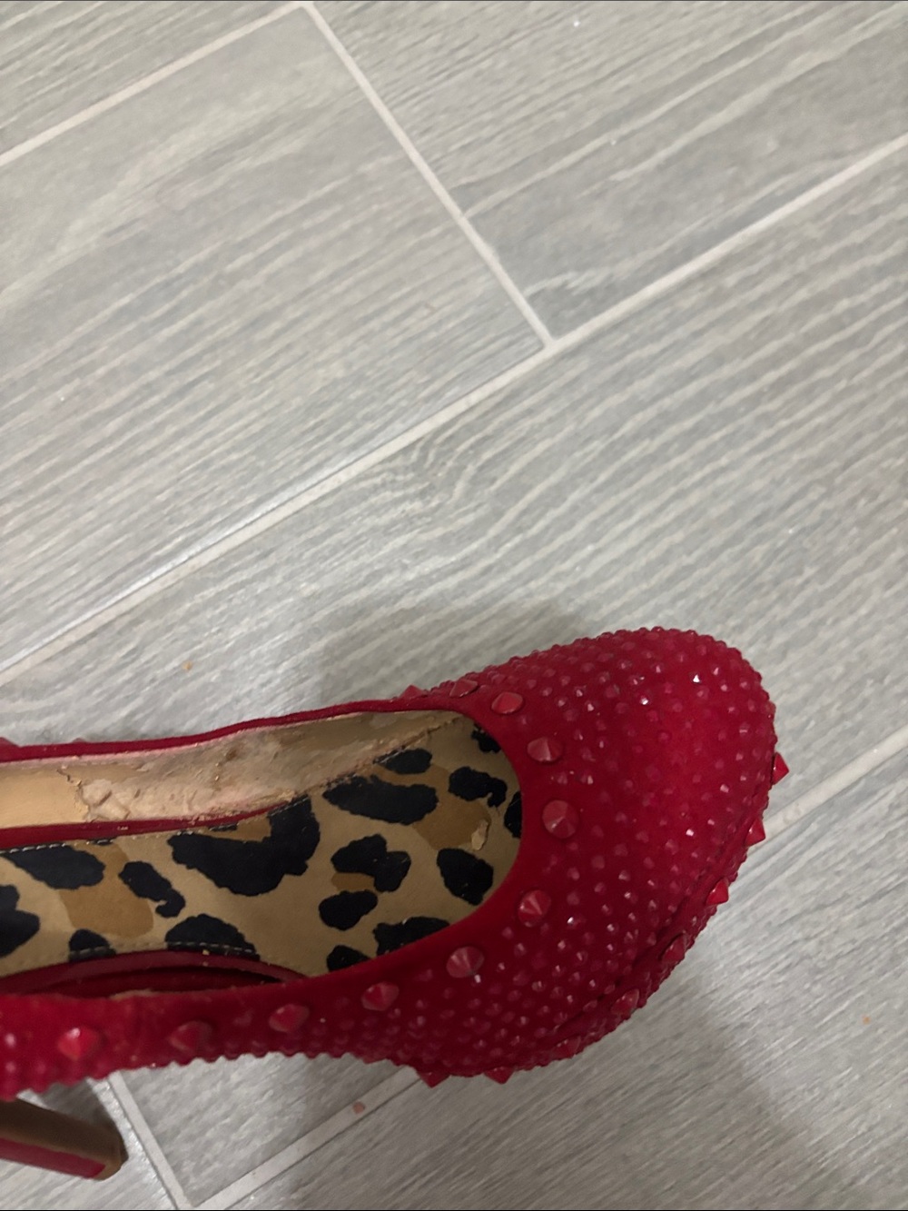 Red Studded Women's stilettos with Leopard Insole - Picture 6 of 6
